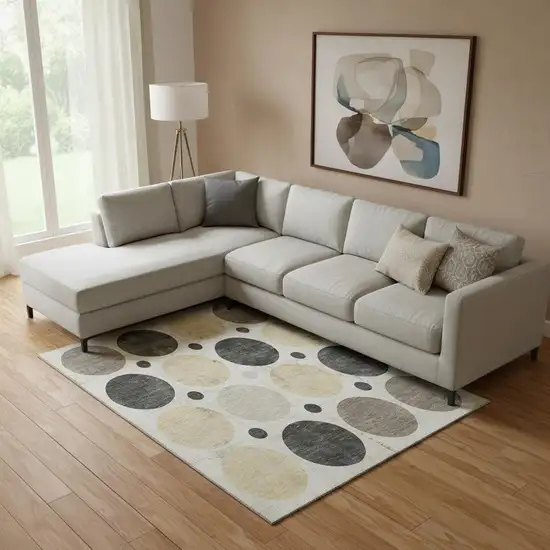 Ivory Charcoal And Beige Geometric Washable Area Rug With UV Protection Photo 2