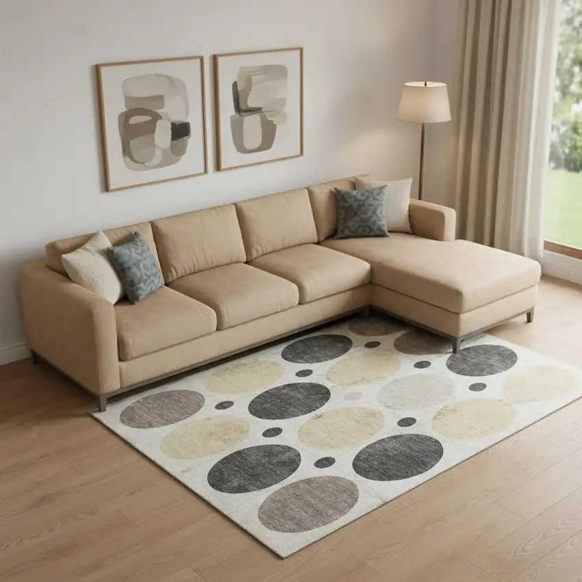 Ivory Charcoal And Beige Geometric Washable Area Rug With UV Protection Photo 2