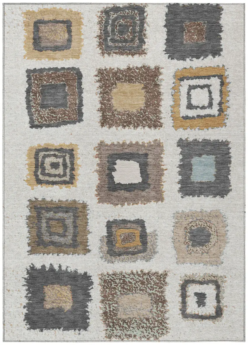 Ivory Charcoal And Gold Geometric Washable Indoor Outdoor Area Rug Photo 1