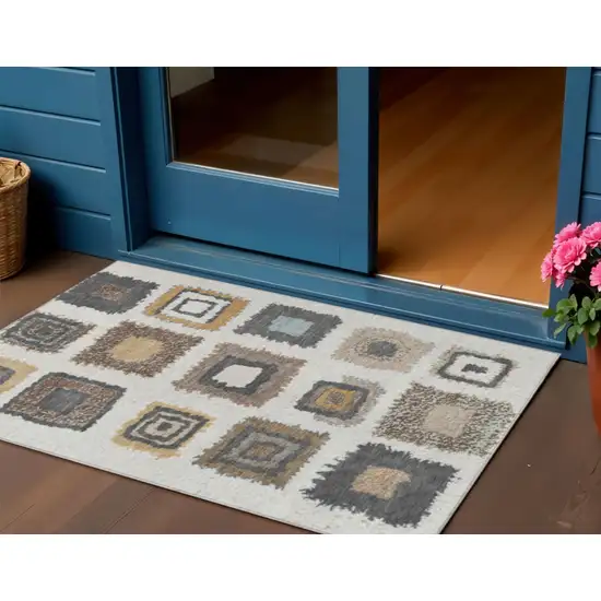 Ivory Charcoal And Gold Geometric Washable Indoor Outdoor Area Rug Photo 2