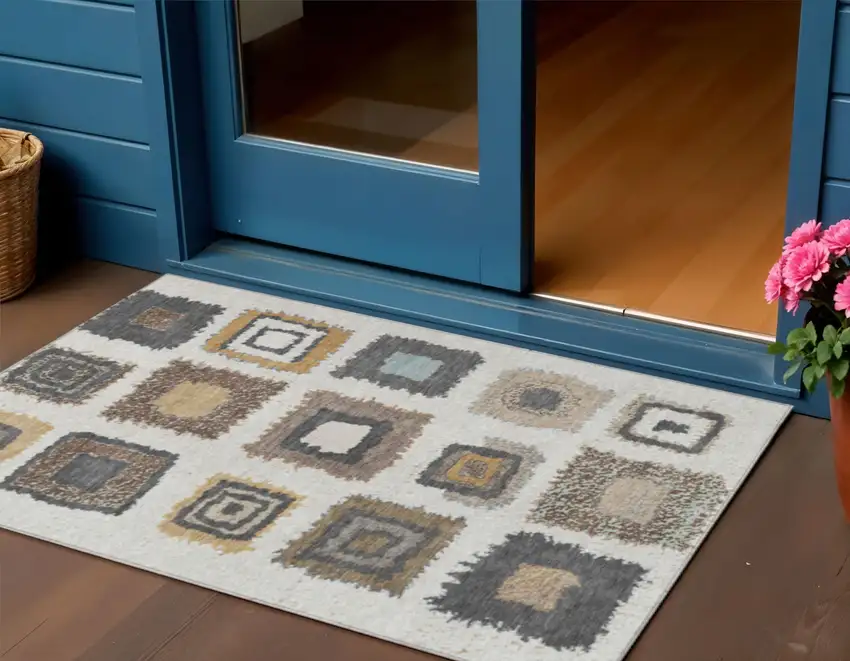 Ivory Charcoal And Gold Geometric Washable Indoor Outdoor Area Rug Photo 2