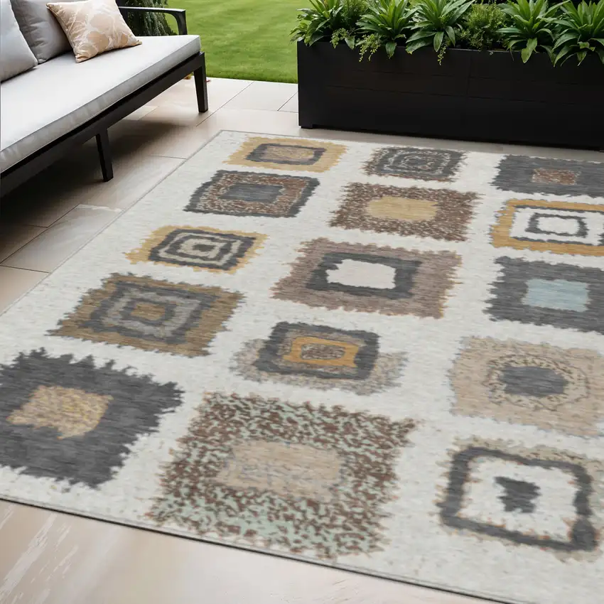 Ivory Charcoal And Gold Geometric Washable Indoor Outdoor Area Rug Photo 2