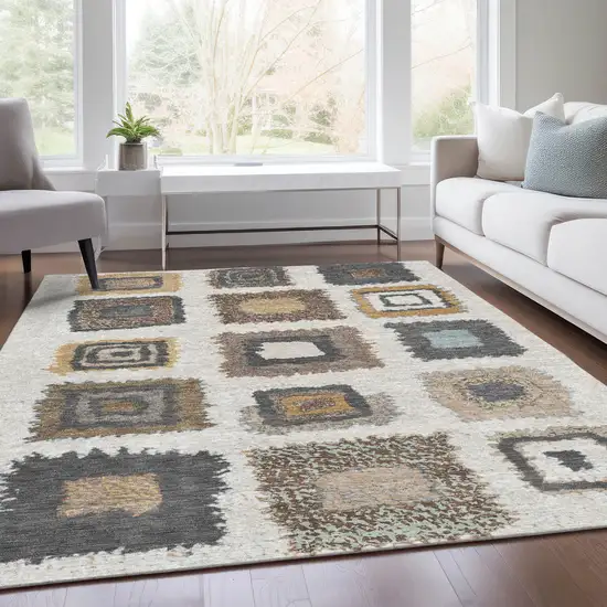 Ivory Charcoal And Gold Geometric Washable Indoor Outdoor Area Rug Photo 7