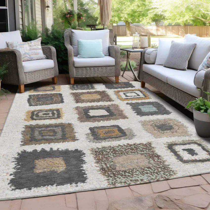 Ivory Charcoal And Gold Geometric Washable Indoor Outdoor Area Rug Photo 5