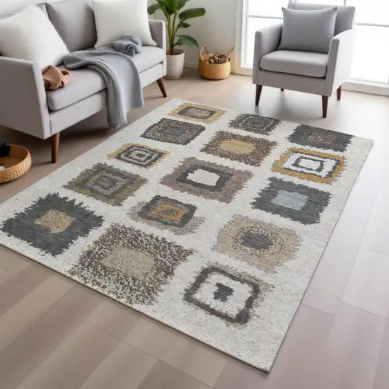 Ivory Charcoal And Gold Geometric Washable Indoor Outdoor Area Rug Photo 6