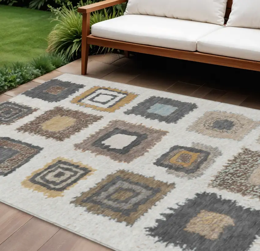 Ivory Charcoal And Gold Geometric Washable Indoor Outdoor Area Rug Photo 2