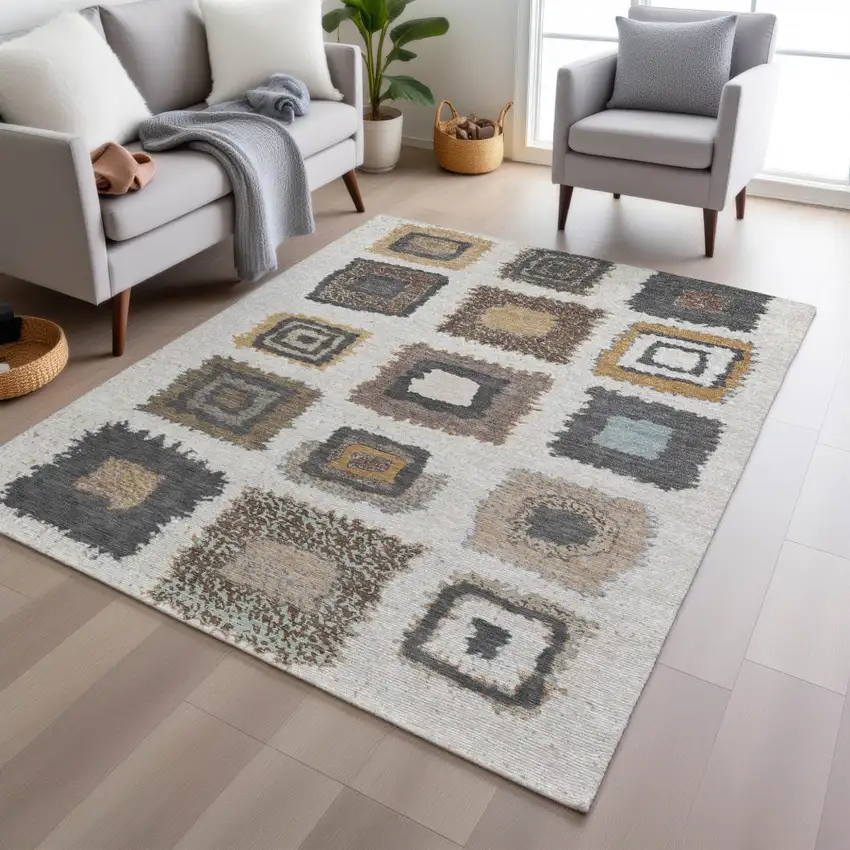 Ivory Charcoal And Gold Geometric Washable Indoor Outdoor Area Rug Photo 6