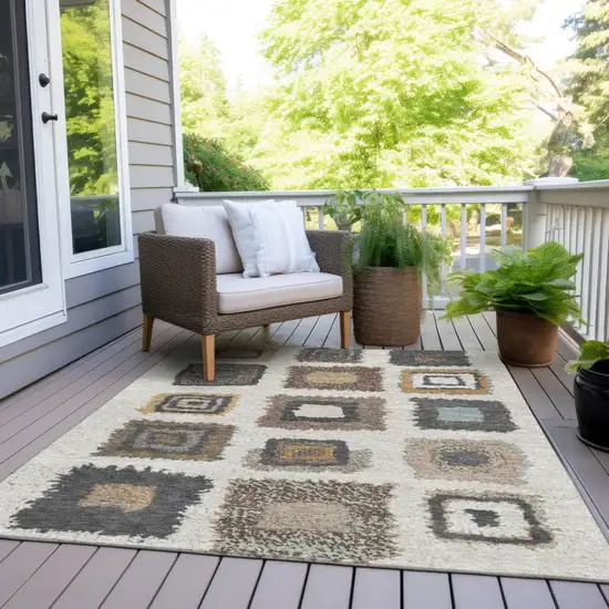 Ivory Charcoal And Gold Geometric Washable Indoor Outdoor Area Rug Photo 8