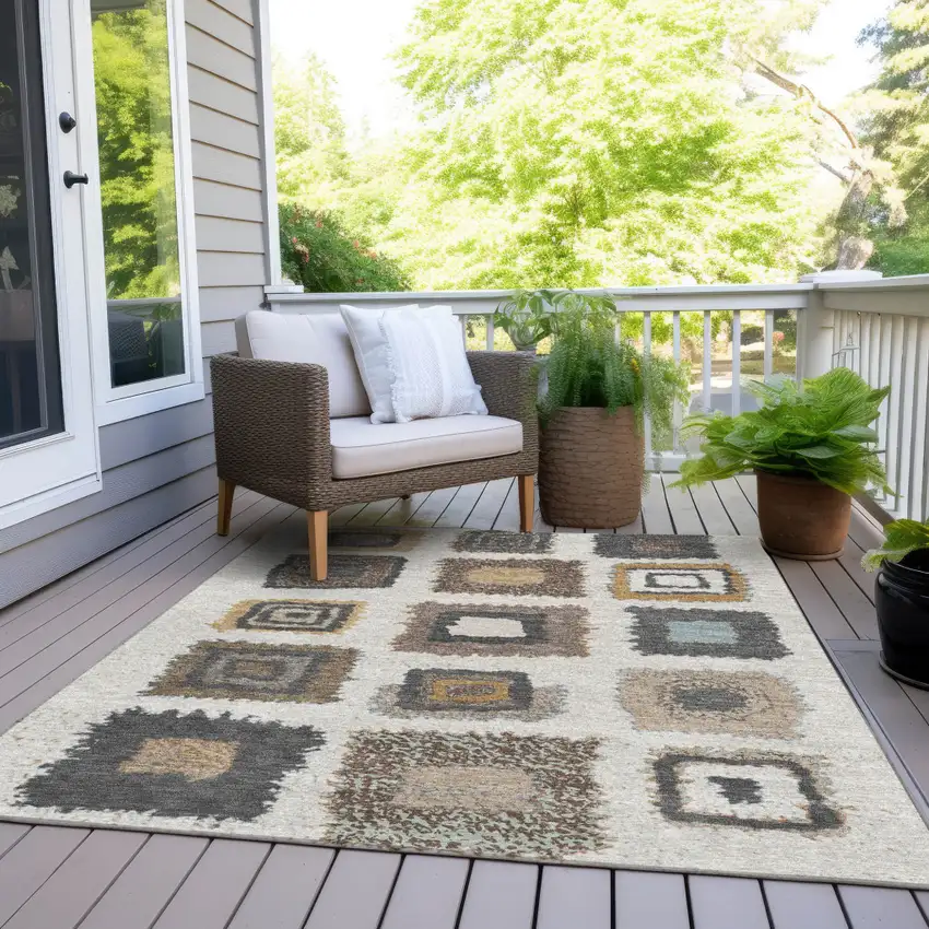 Ivory Charcoal And Gold Geometric Washable Indoor Outdoor Area Rug Photo 8