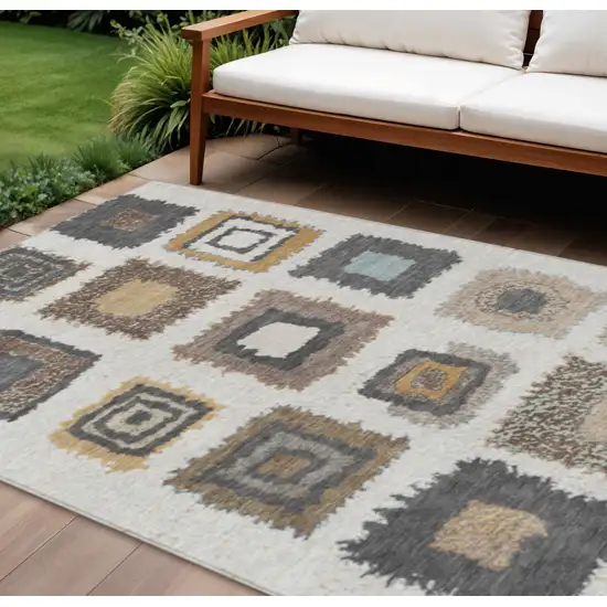 Ivory Charcoal And Gold Geometric Washable Indoor Outdoor Area Rug Photo 2