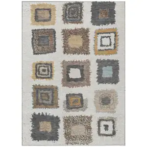 Photo of Ivory Charcoal And Gold Geometric Washable Indoor Outdoor Area Rug