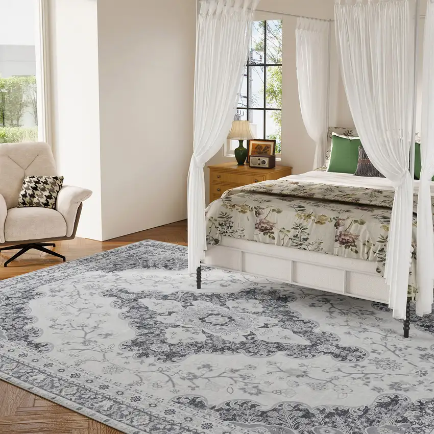 Ivory Charcoal And Gray Medallion Distressed Area Rug Photo 5