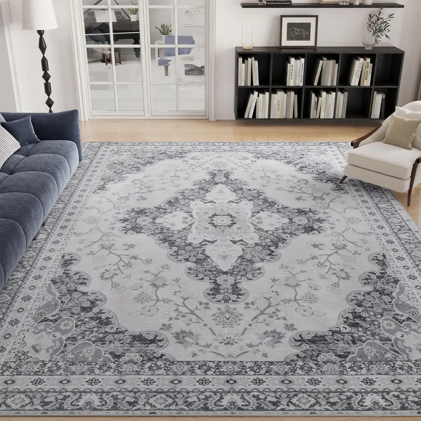Ivory Charcoal And Gray Medallion Distressed Area Rug Photo 4