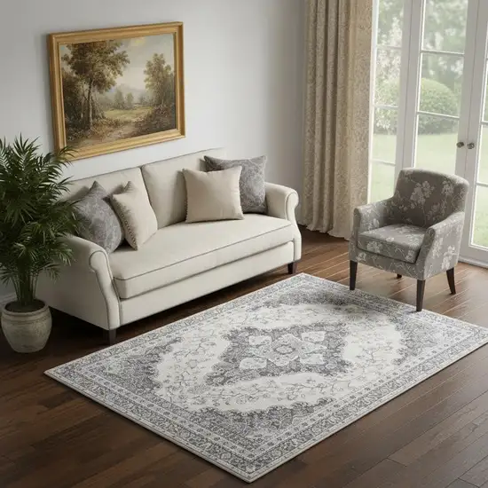 Ivory Charcoal And Gray Medallion Distressed Area Rug Photo 1