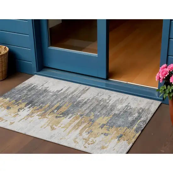 Ivory Charcoal And Silver Abstract Washable Indoor Outdoor Area Rug Photo 1