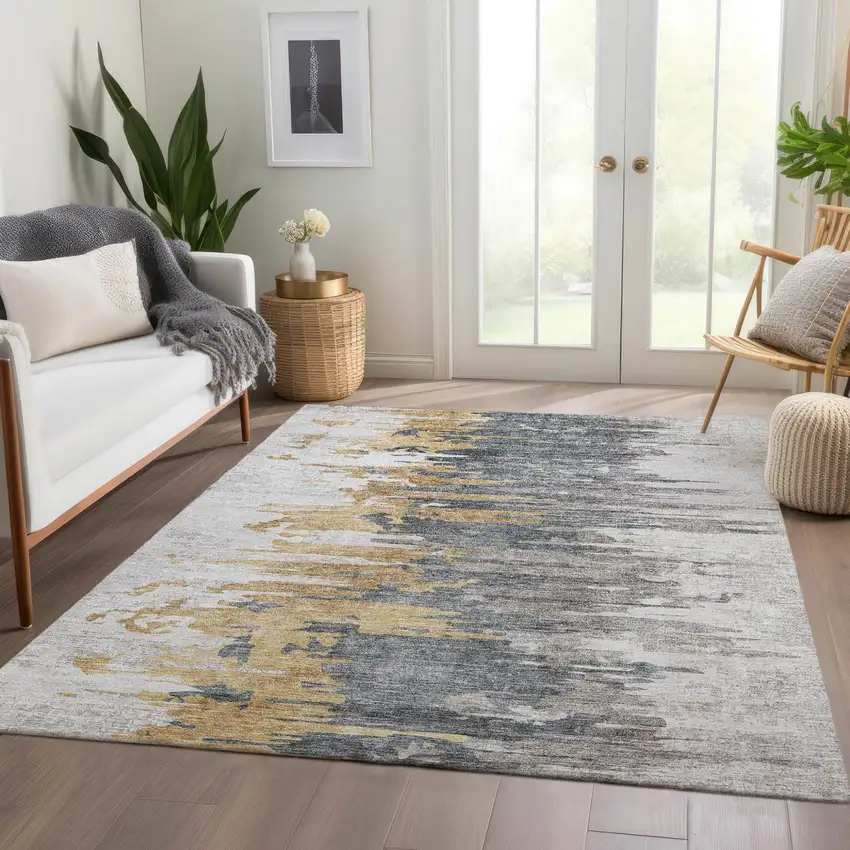 Ivory Charcoal And Silver Abstract Washable Indoor Outdoor Area Rug Photo 7