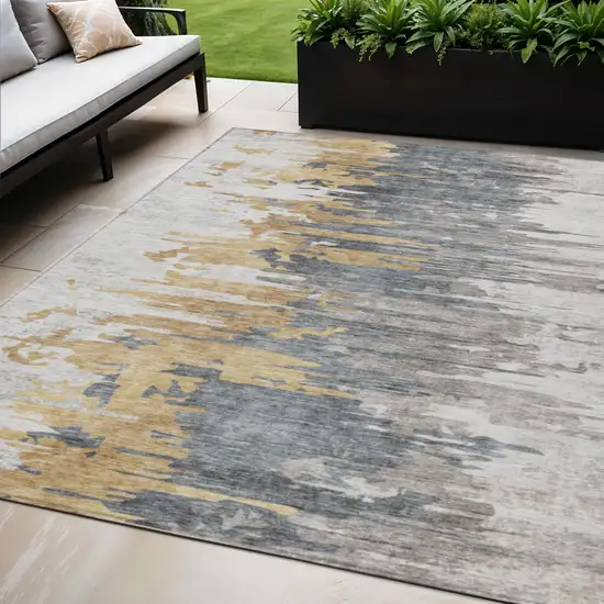 Ivory Charcoal And Silver Abstract Washable Indoor Outdoor Area Rug Photo 1