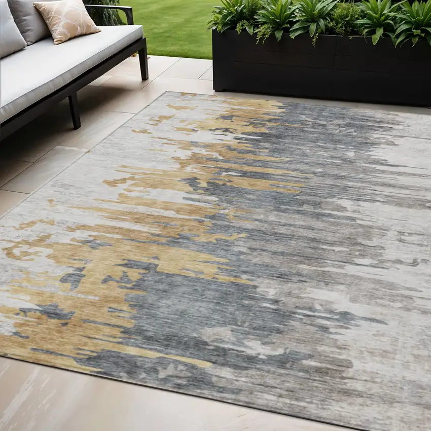 Ivory Charcoal And Silver Abstract Washable Indoor Outdoor Area Rug Photo 1