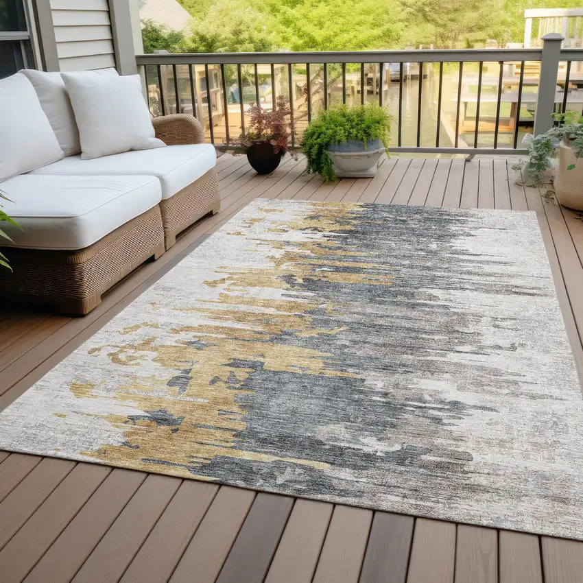 Ivory Charcoal And Silver Abstract Washable Indoor Outdoor Area Rug Photo 6
