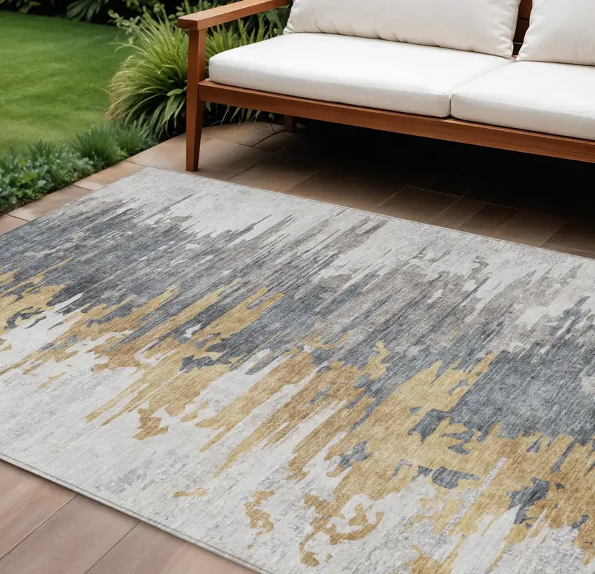 Ivory Charcoal And Silver Abstract Washable Indoor Outdoor Area Rug Photo 1