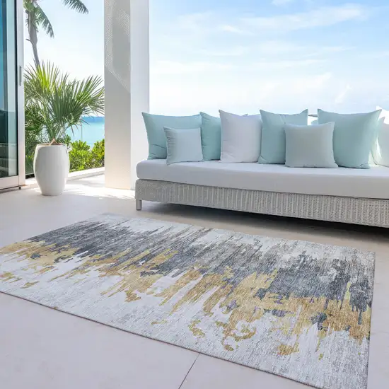 Ivory Charcoal And Silver Abstract Washable Indoor Outdoor Area Rug Photo 9