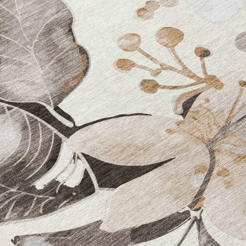 Ivory Charcoal And Wheat Floral Washable Indoor Outdoor Area Rug Photo 7