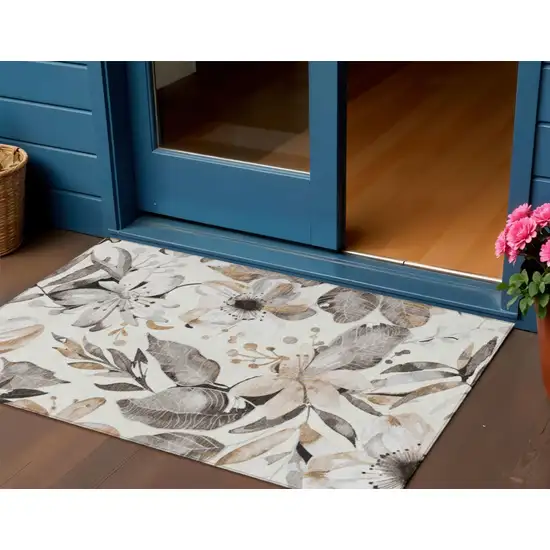 Ivory Charcoal And Wheat Floral Washable Indoor Outdoor Area Rug Photo 1