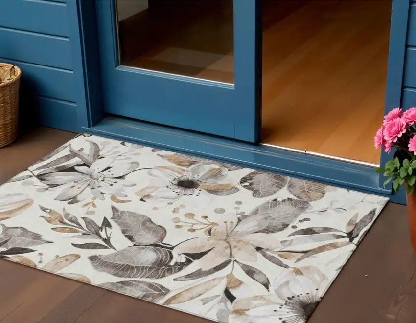 Ivory Charcoal And Wheat Floral Washable Indoor Outdoor Area Rug Photo 1