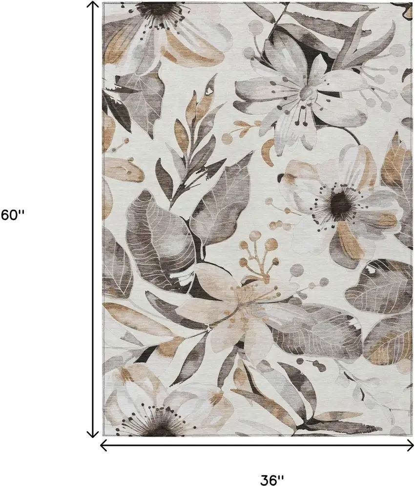 Ivory Charcoal And Wheat Floral Washable Indoor Outdoor Area Rug Photo 3