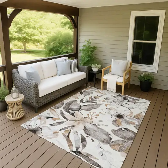 Ivory Charcoal And Wheat Floral Washable Indoor Outdoor Area Rug Photo 9