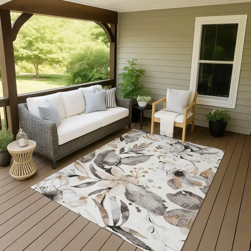 Ivory Charcoal And Wheat Floral Washable Indoor Outdoor Area Rug Photo 9