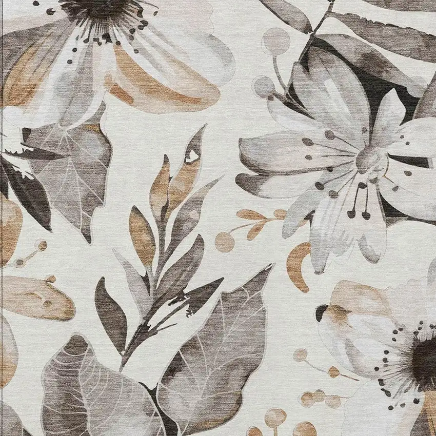 Ivory Charcoal And Wheat Floral Washable Indoor Outdoor Area Rug Photo 6