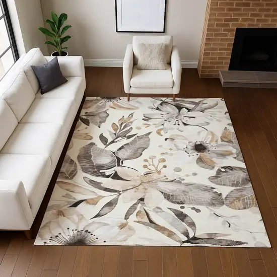 Ivory Charcoal And Wheat Floral Washable Indoor Outdoor Area Rug Photo 9