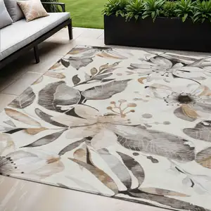 Photo of Ivory Charcoal And Wheat Floral Washable Indoor Outdoor Area Rug