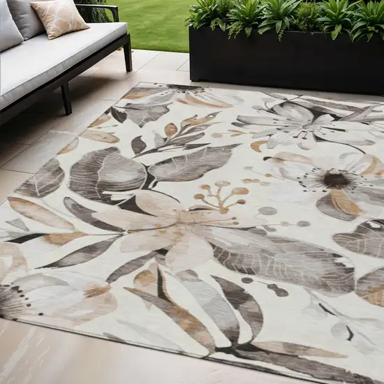 Ivory Charcoal And Wheat Floral Washable Indoor Outdoor Area Rug Photo 1