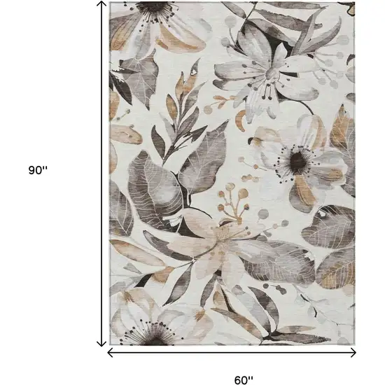 Ivory Charcoal And Wheat Floral Washable Indoor Outdoor Area Rug Photo 3