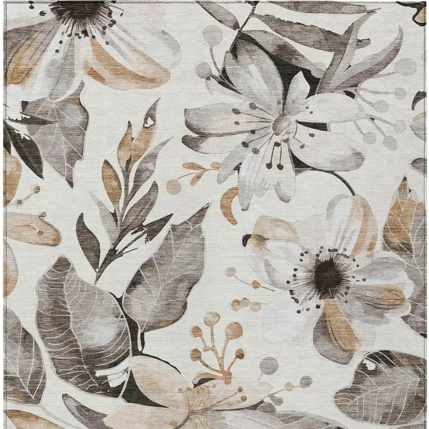 Ivory Charcoal And Wheat Floral Washable Indoor Outdoor Area Rug Photo 4