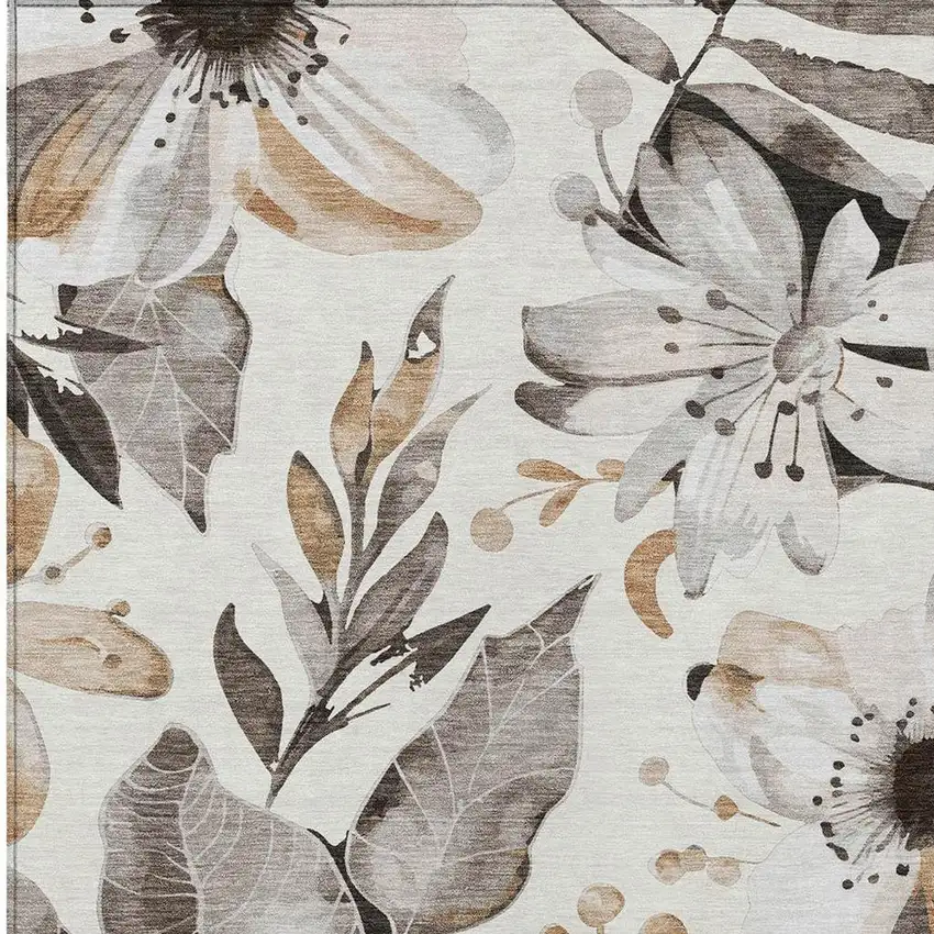 Ivory Charcoal And Wheat Floral Washable Indoor Outdoor Area Rug Photo 8