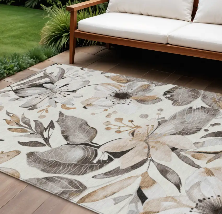 Ivory Charcoal And Wheat Floral Washable Indoor Outdoor Area Rug Photo 1