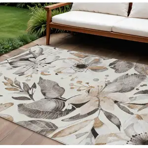 Photo of Ivory Charcoal And Wheat Floral Washable Indoor Outdoor Area Rug
