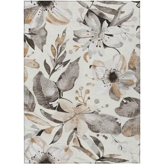 Ivory Charcoal And Wheat Floral Washable Indoor Outdoor Area Rug Photo 4