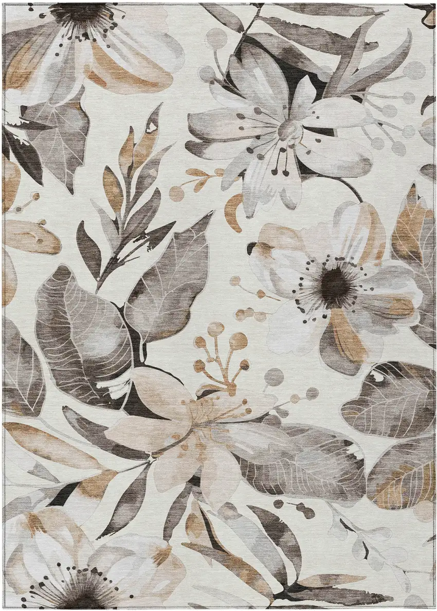 Ivory Charcoal And Wheat Floral Washable Indoor Outdoor Area Rug Photo 4