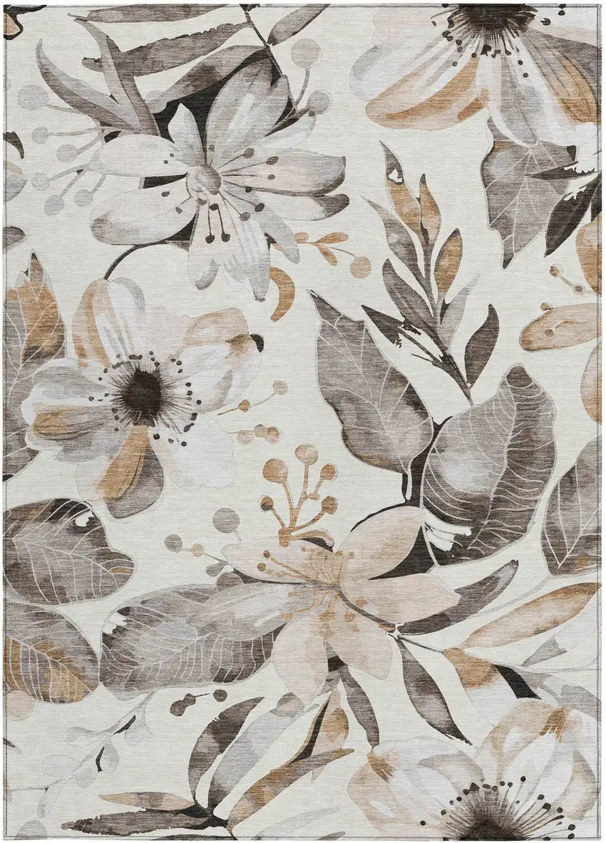 Ivory Charcoal And Wheat Floral Washable Indoor Outdoor Area Rug Photo 5