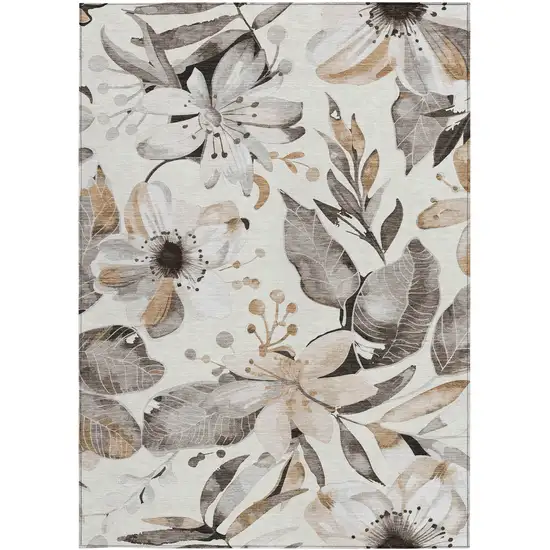 Ivory Charcoal And Wheat Floral Washable Indoor Outdoor Area Rug Photo 2