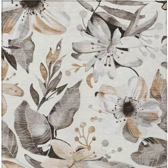 Ivory Charcoal And Wheat Floral Washable Indoor Outdoor Area Rug Photo 6