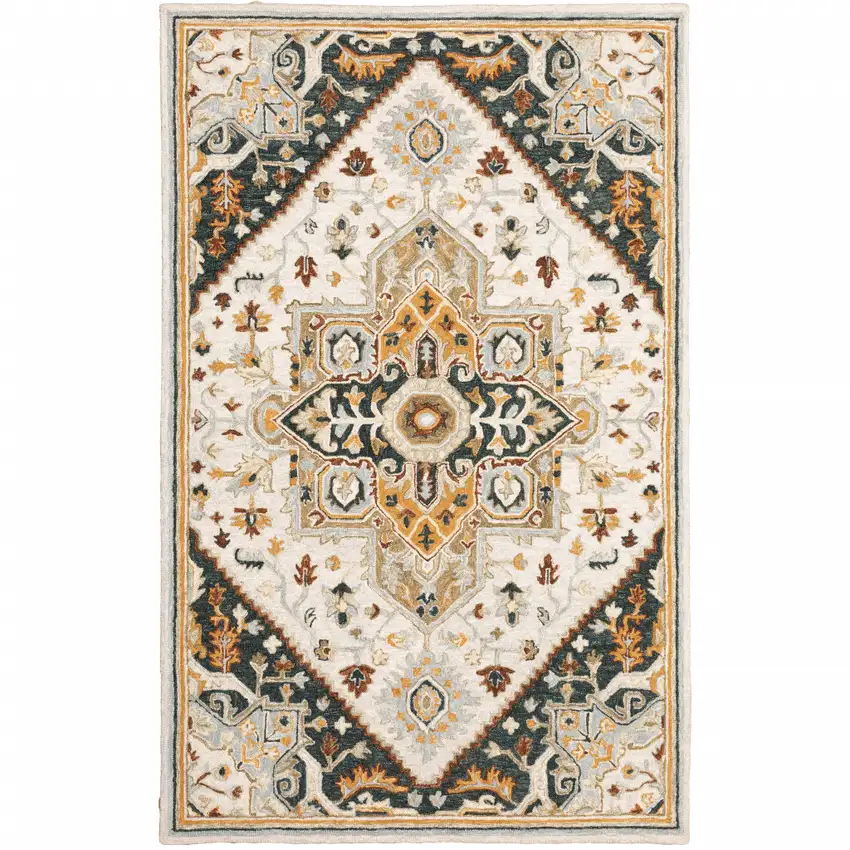 Ivory Charcoal Gold Clay And Muted Blue Oriental Tufted Handmade Stain Resistant Area Rug Photo 1