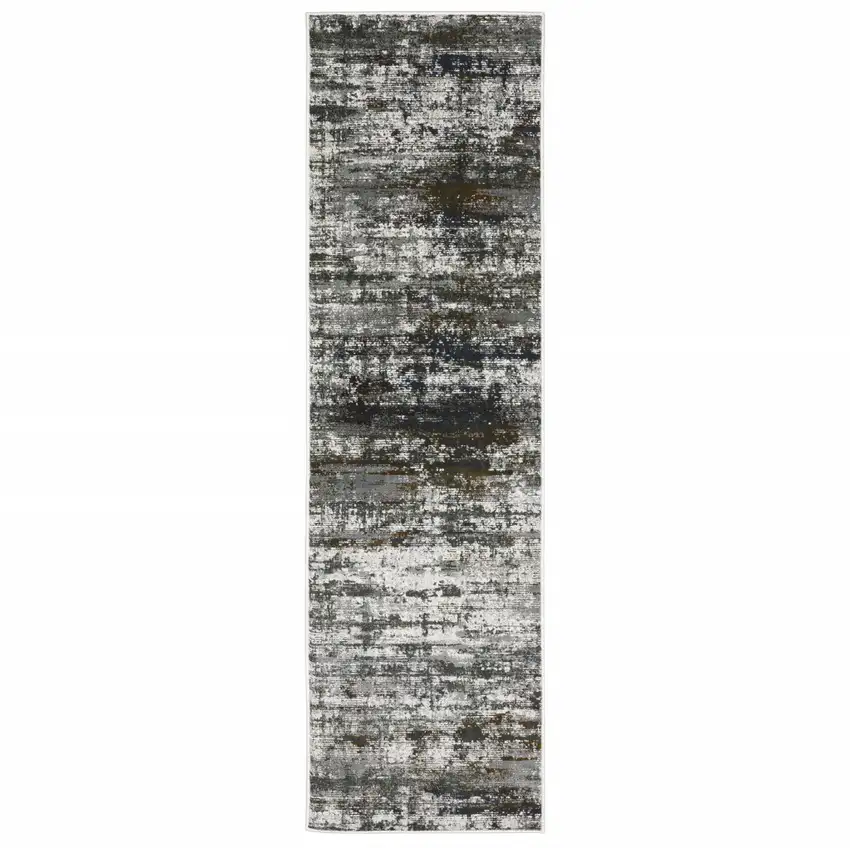 Ivory Charcoal Grey Blue Rust And Brown Abstract Power Loom Stain Resistant Runner Rug Photo 1