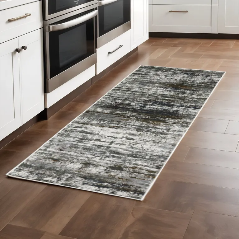 Ivory Charcoal Grey Blue Rust And Brown Abstract Power Loom Stain Resistant Runner Rug Photo 4