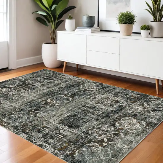 Charcoal Gray And White Oriental Distressed Area Rug Photo 1