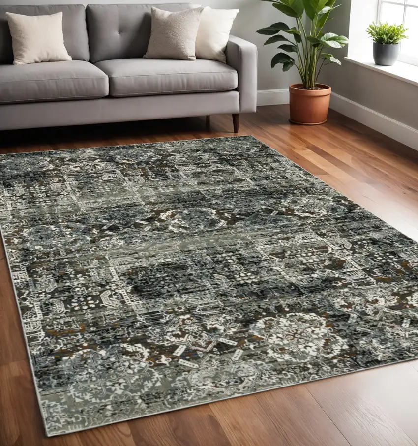 Charcoal Gray And White Oriental Distressed Area Rug Photo 1